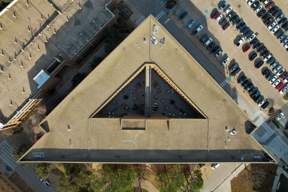 Aerial view of Pickard Hall and surrounding parking lot