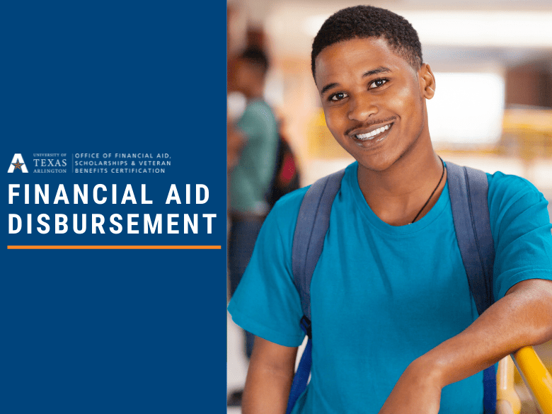 student smiling next to financial aid disbursement graphic