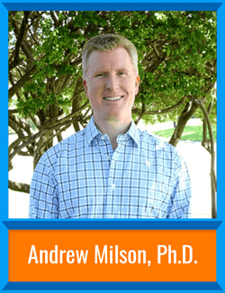 Andrew Milson standing in front of trees with a plaid shirt. There's a border around the image and his name is at the bottom, "Andrew Milson, Ph.D."