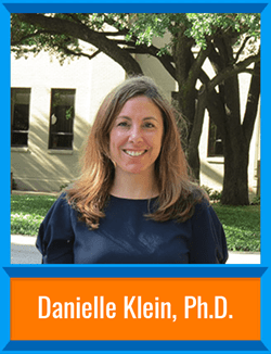 Danielle Klein stands in front of trees and grass, dressed in a dark shirt. There's a border around the image and her name is at the bottom, "Danielle Klein, Ph.D."