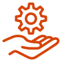 orange icon of a hand with a gear above it