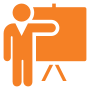 orange icon of a person standing in front of a board
