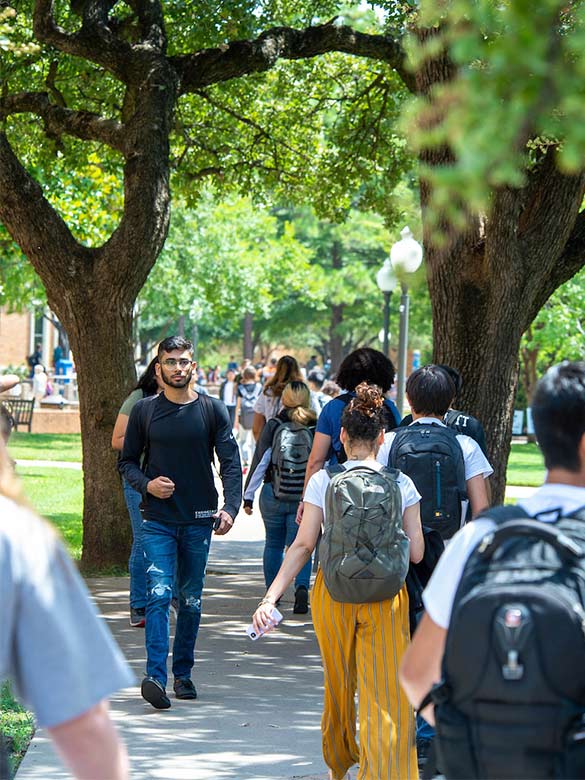 Students walk between classes in the library mall. 