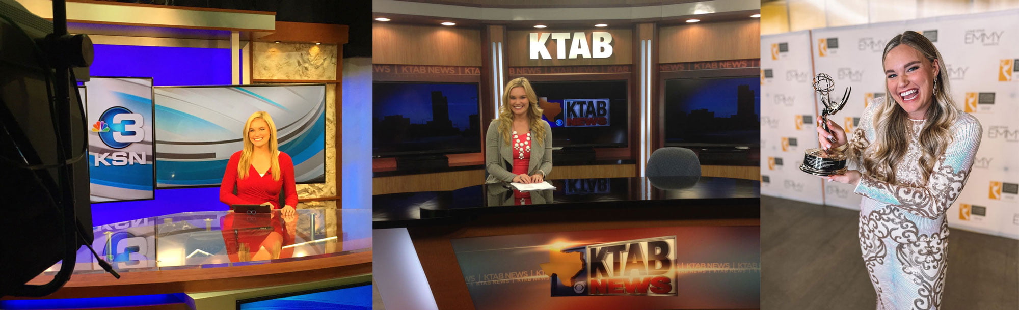 Collage of Avery Bottger on the job. The first two images show her anchoring KSN and KTAR News and the last image shows her holding up an Emmy at an awards ceremony.