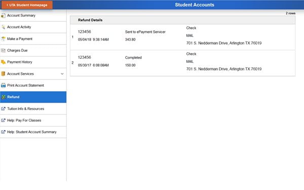 Screenshot of refund details in MyMav Account