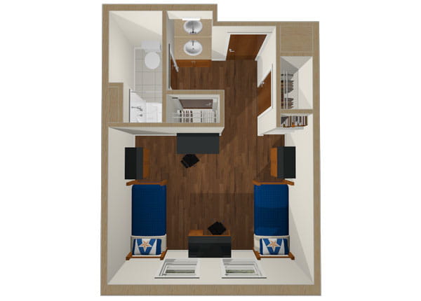 Floor plan of a double suite room featuring two beds, two closets and a bathroom