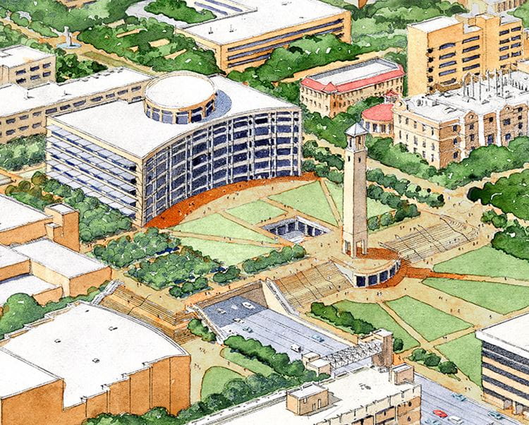 illustration of UT Arlington campus from an aerial view