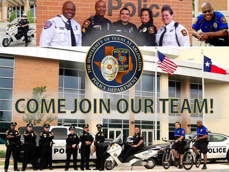 collage of photos of the UTA police department with the text "Come Join Our Team"