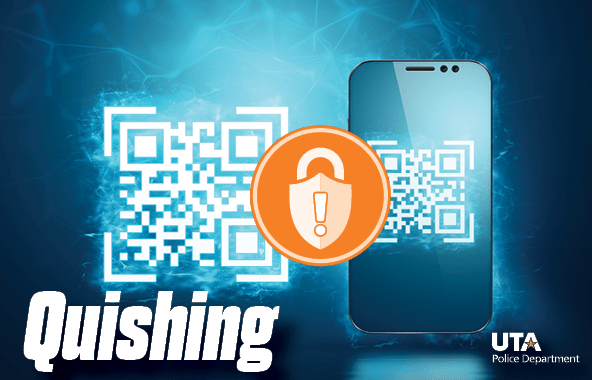 Quishing graphic with QR code, mobile phone, and orange alert symbol in middle