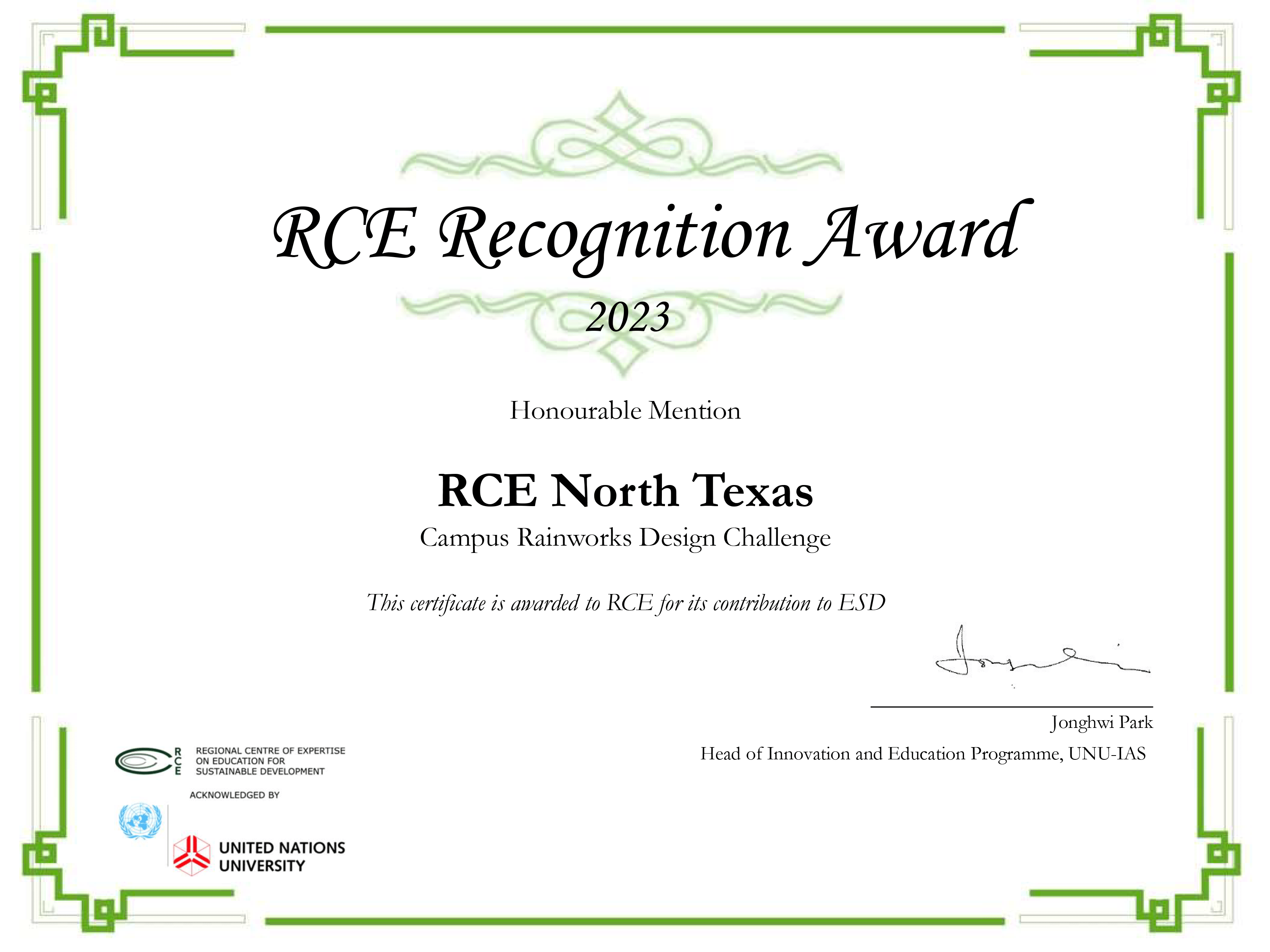 2023 RCE Recognition Award for Campus Rain Design Challenge
