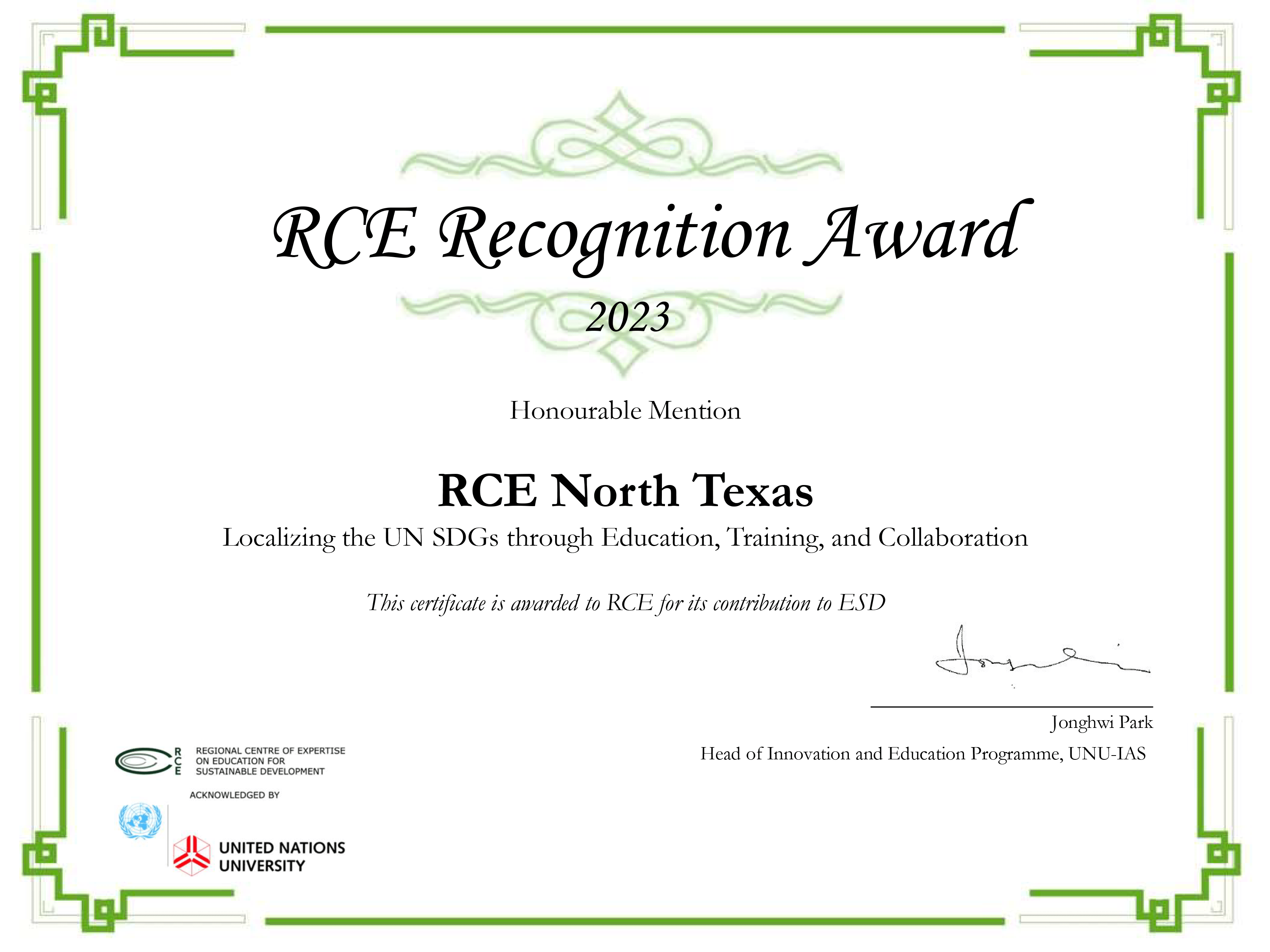 RCE Recognition Award for Implementing UN Sustainable Development Goals