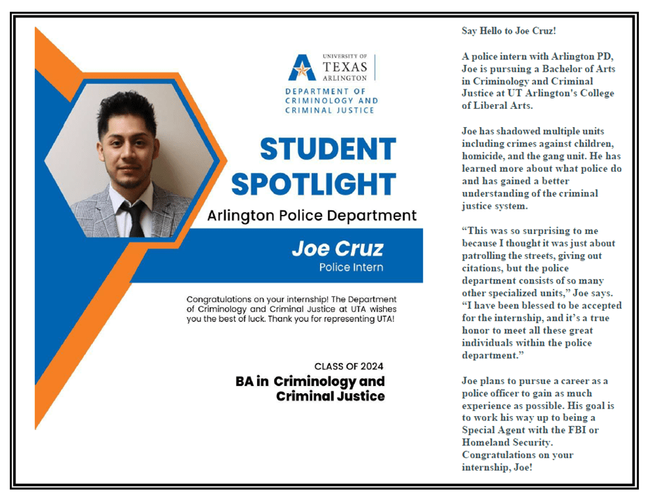 Student Spotlight Joe Cruz, Police Intern, Class of 2024.