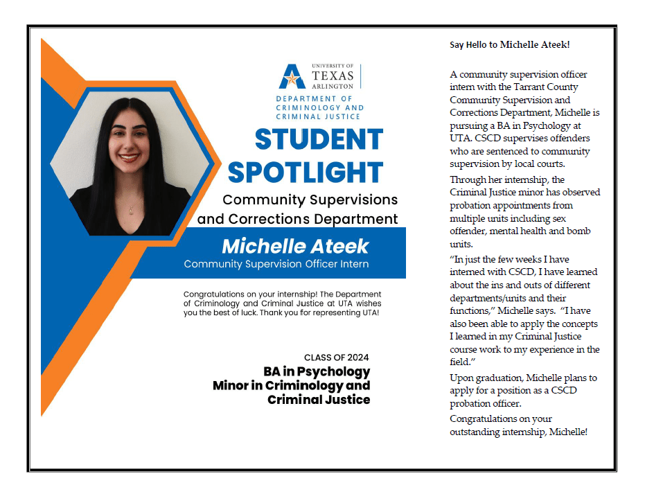 Student Spotlight Michelle Ateek, Community Supervision Officer Intern, Class of 2024.