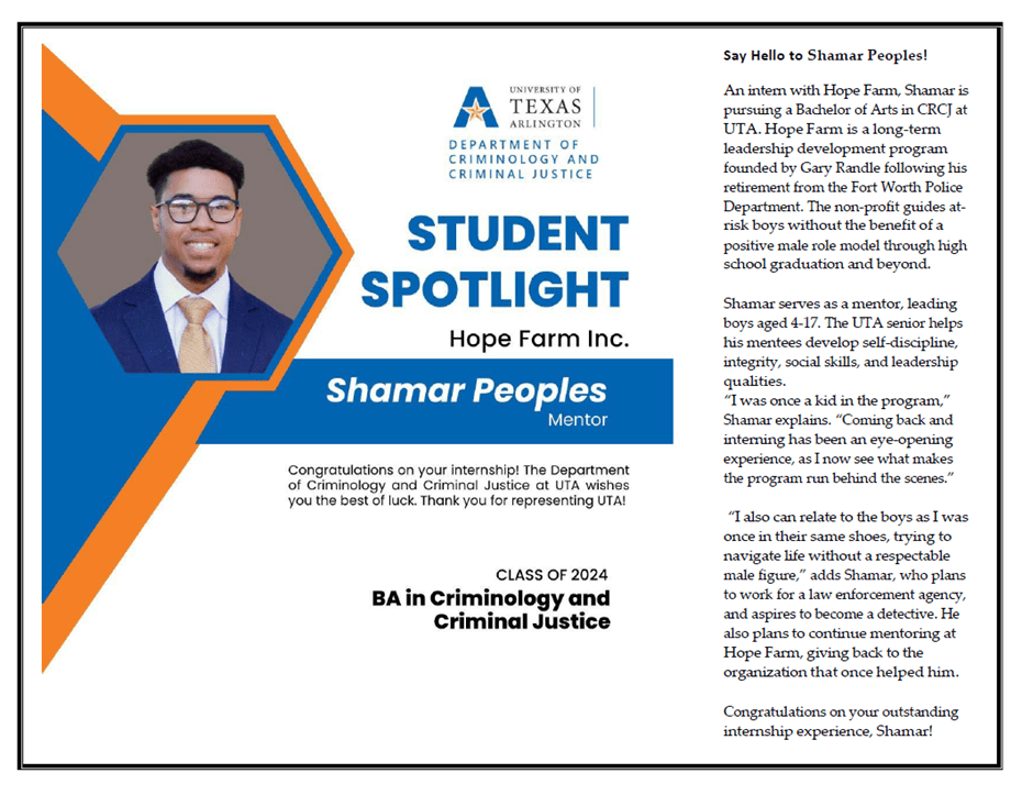 Student Spotlight Shamar Peoples, class of 2024, mentor. 