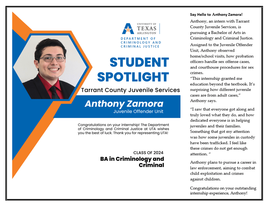 Student Spotlight Anthony Zamora, juvenile offender unit.