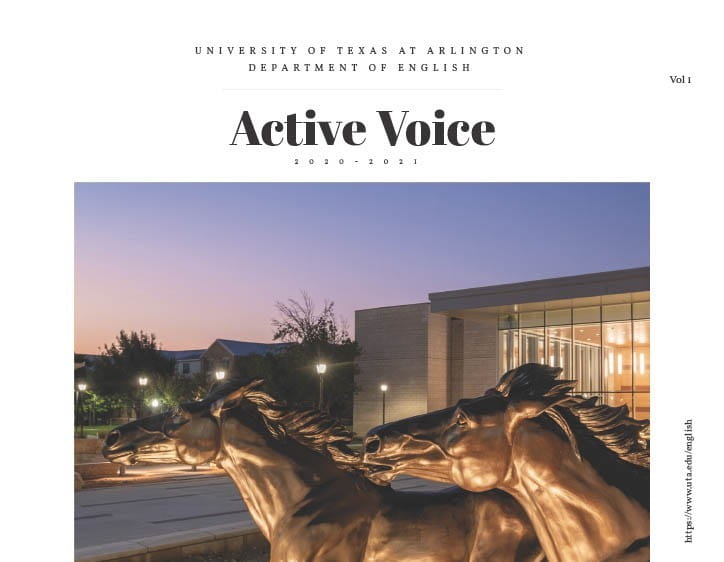cover for the Department of English newsletter, Active Voice, with two horse statues in the center