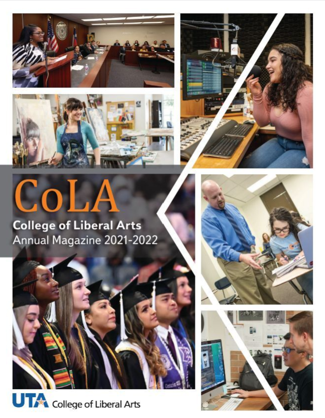 cover of the 2021-2022 CoLA magazine with various images of students