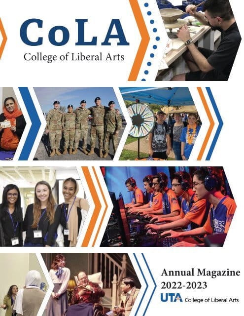 Cover of the 2022-2023 CoLA Magazine. There's various pictures of students in different departments.