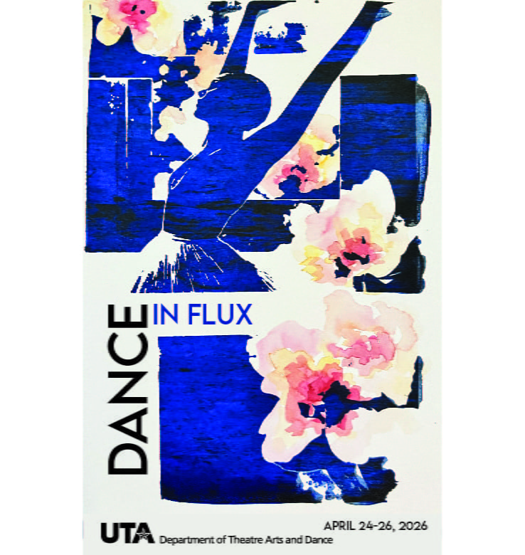 poster art featuring illustration of dancer with arms up amongst geometric shapes and flowers
