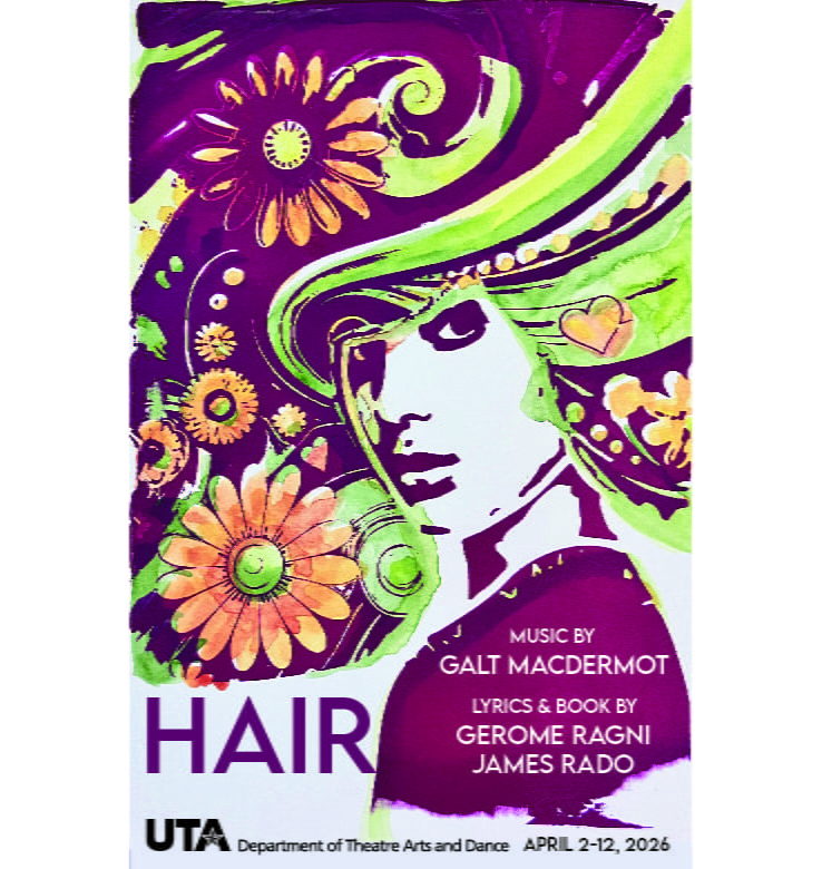 poster art featuring illustration of woman with colorful, swirly, floral hair