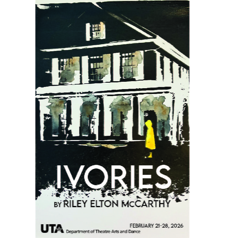 poster art featuring illustration of dark, spooky house and figure dressed in yellow raincoat