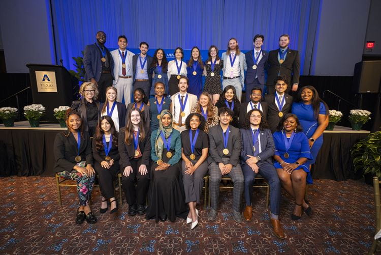 Goolsby Leadership Academy Cohort 19 sit for a photo after receiving their Academy Medallions at the Goolsby Leadership Academy 20 Year Anniversary event at the University of Texas at Arlington, April 29, 2024.