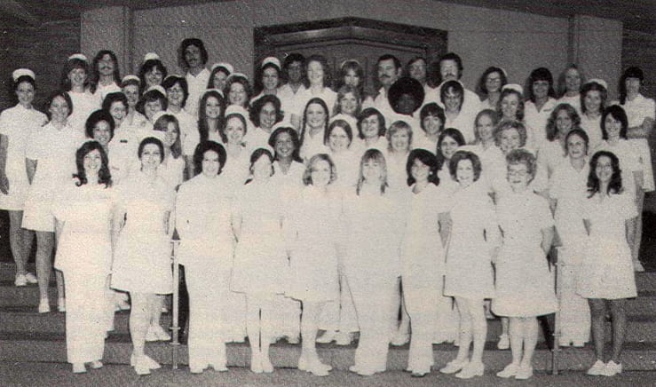 Graduating class of 1974 consisting of about 55 students from the U T School of Nursing at Fort Worth 