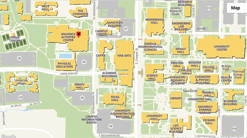 UTA map to Map of Maverick Activities Center for Kourage Health on UTA Campus