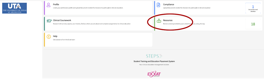 Exxat page with "Resources" circled