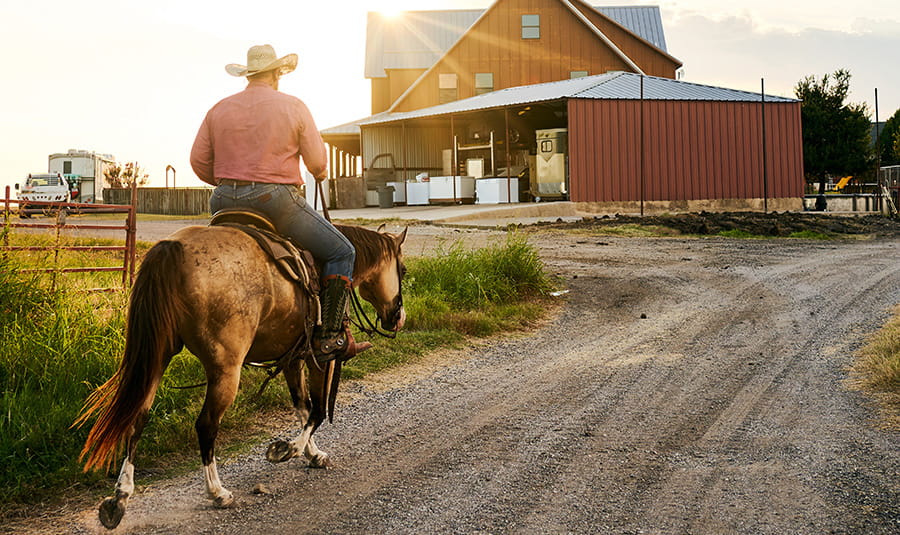 rural health main web photo, farmer riding horse up dirt road to barn