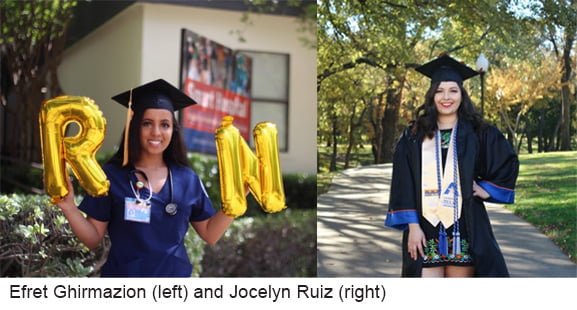 Portrait of Efret Ghirmazion wearing a grad cap holding R.N. balloons. And Jocelyn Ruiz in a park wearing a grad cap, gown and sash.