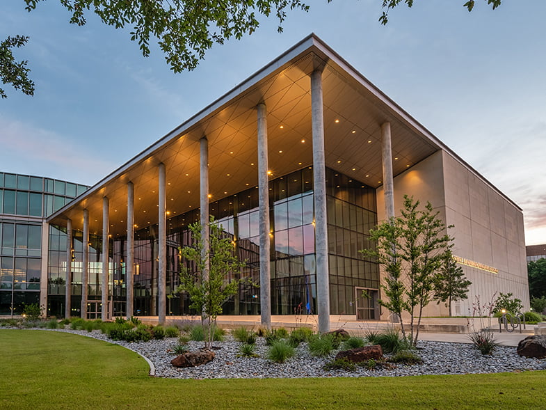 Outside view of Science and Engineering Innovation & Research (SEIR) building during sunset.