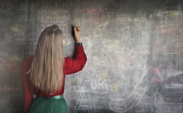 Teacher in a classroom writing on a chalkboard