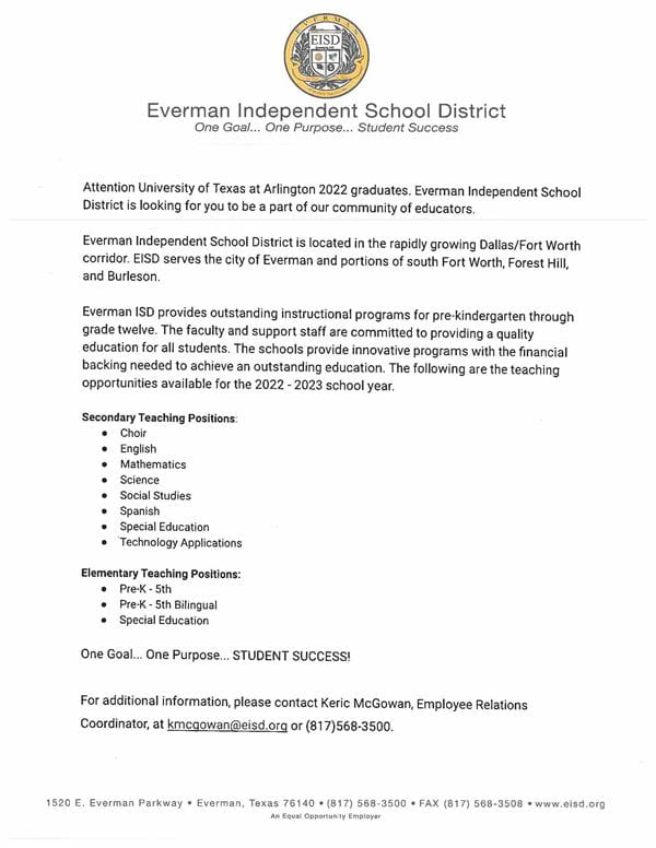Everman Independent School District teaching positions flyer