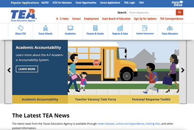 Image of the Texas Education Agency website's homepage in March 2024