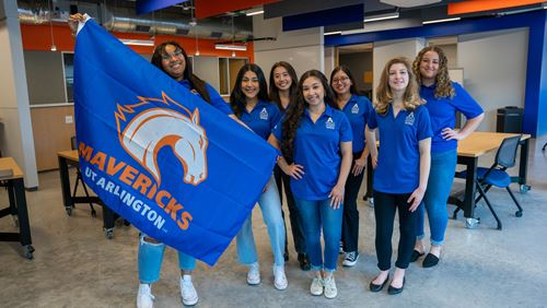 Group photos of the College of Education Student Ambassadors with one student holding a UTA school flag 