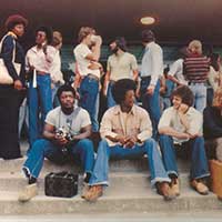 Students hanging out on the steps of an engineering building