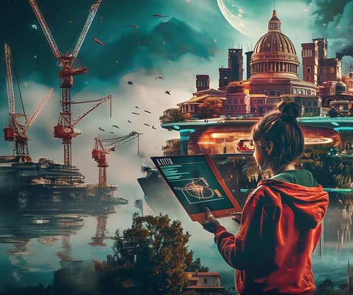 Young student designing a fantastical, futuristic city on a computer.