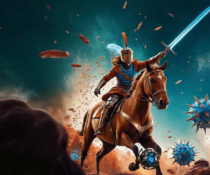 fantasy image of student on horseback fighting bacteria cells.