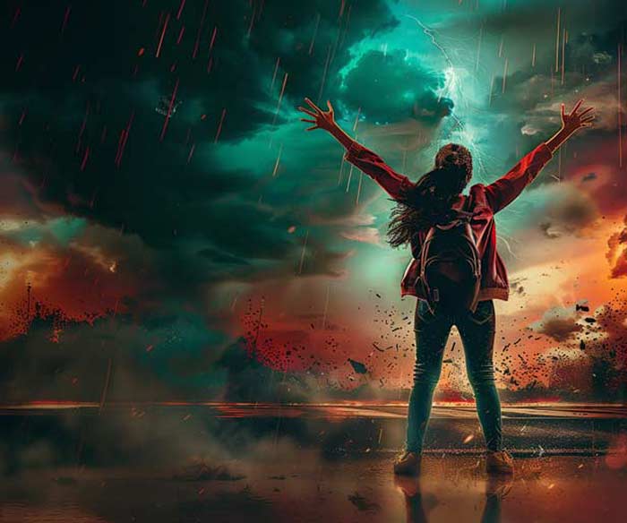 Fantastical image of a civil engineering student calling for rain from the clouds