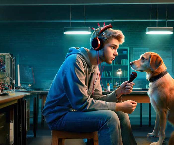 Computer Scientist learning to communicate with a dog.