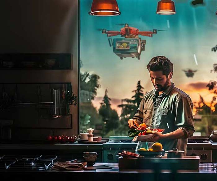 Young man preparing dinner with food delivered by drone.