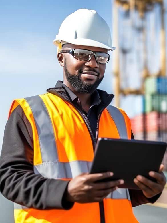 Industrial Engineer on a work site with a tablet computer.