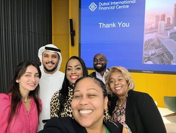 UTA Executive MBA students pose with guest speakers during UAE visit