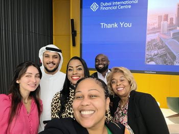 UTA Executive MBA students pose with guest speakers during UAE visit