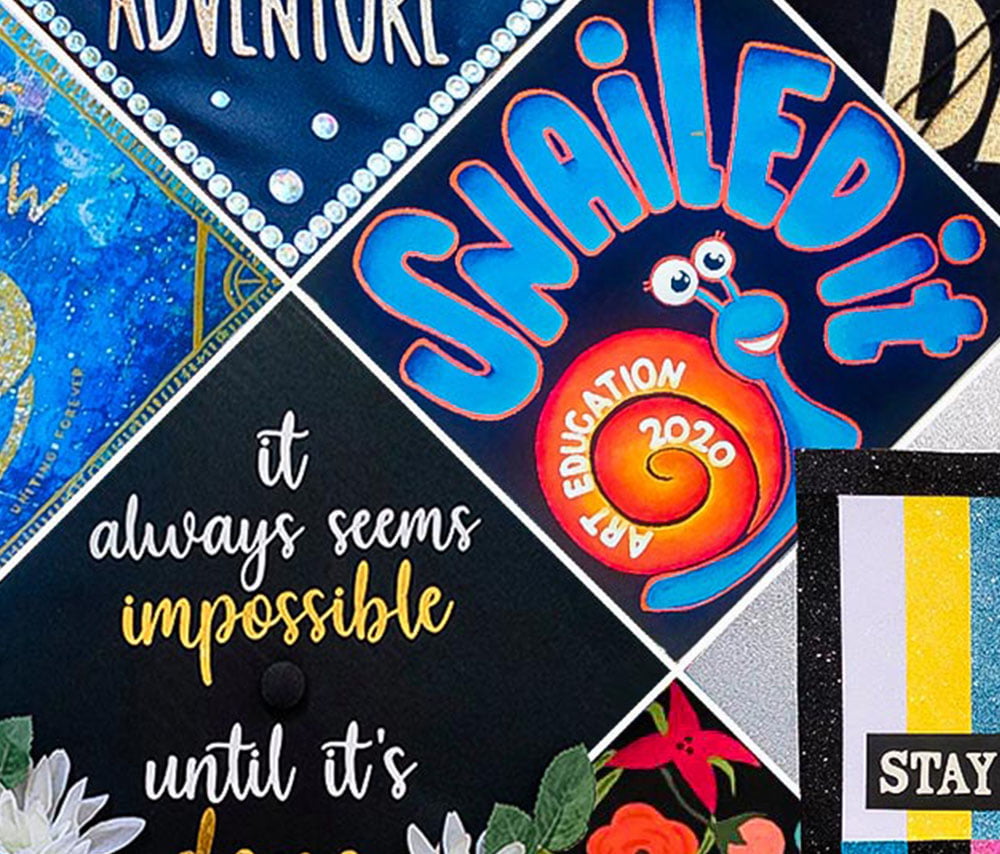 collage of decorated graduation caps