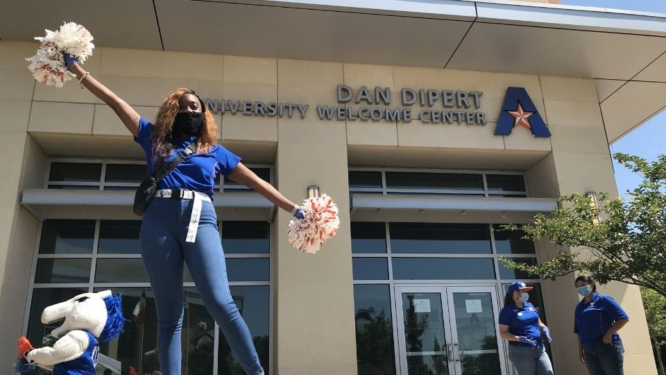 masked student at dan dipert welcome center