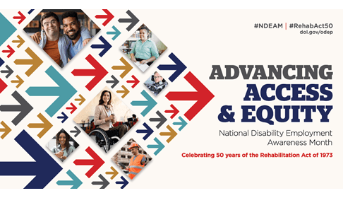 national disability employment awareness month flyer with pictures of people and arrows pointing to the right