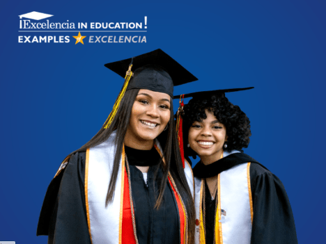 excelencia in education photograph with two hispanic women with graduation caps on