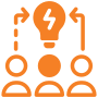 orange icon with two people brainstorming with a thought bubble above them